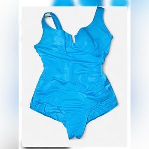 Miraclesuit 16W Blue Ruched Tummy Control One Piece Swimsuit V Neck Shaping